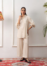LaRosa Summer Dreams Courtney beige cotton loungewear for women, styled as a soft co-ord set with embroidered details and comfy fit!